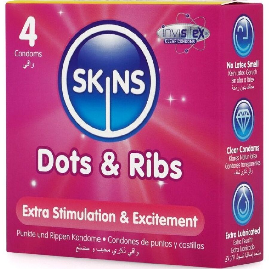 Confezione da 4 preservativi SKINS Dots & Ribs Premium, dettagli con punti e costine per maggiore sensazione.