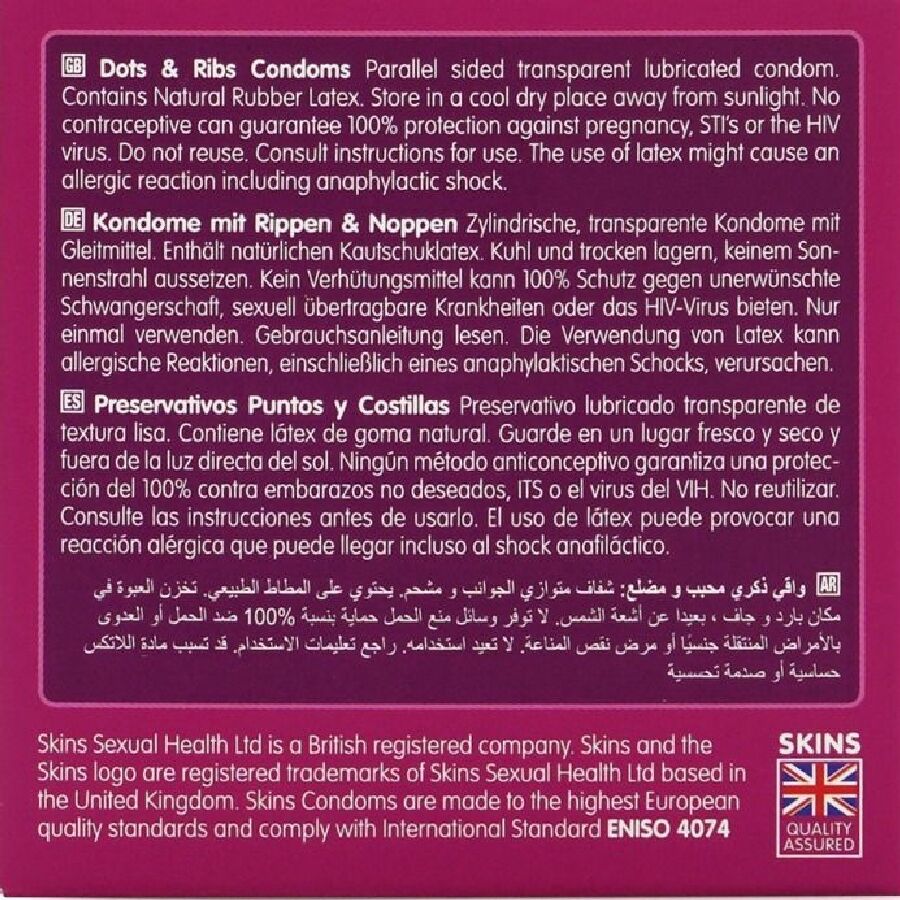 Preservativi SKINS Dots & Ribs Premium, confezione da 4, con texture a pois e costine, per maggiore sensazione e piacere.