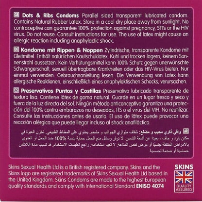 Preservativi SKINS Dots & Ribs Premium, confezione da 4, con texture a pois e costine, per maggiore sensazione e piacere.
