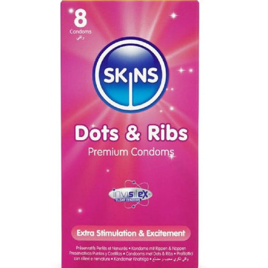 Confezione da 8 preservativi SKINS Dots & Ribs Premium, dettagliati con motivi a pallini e coste, per maggiore piacere e sicurezza.