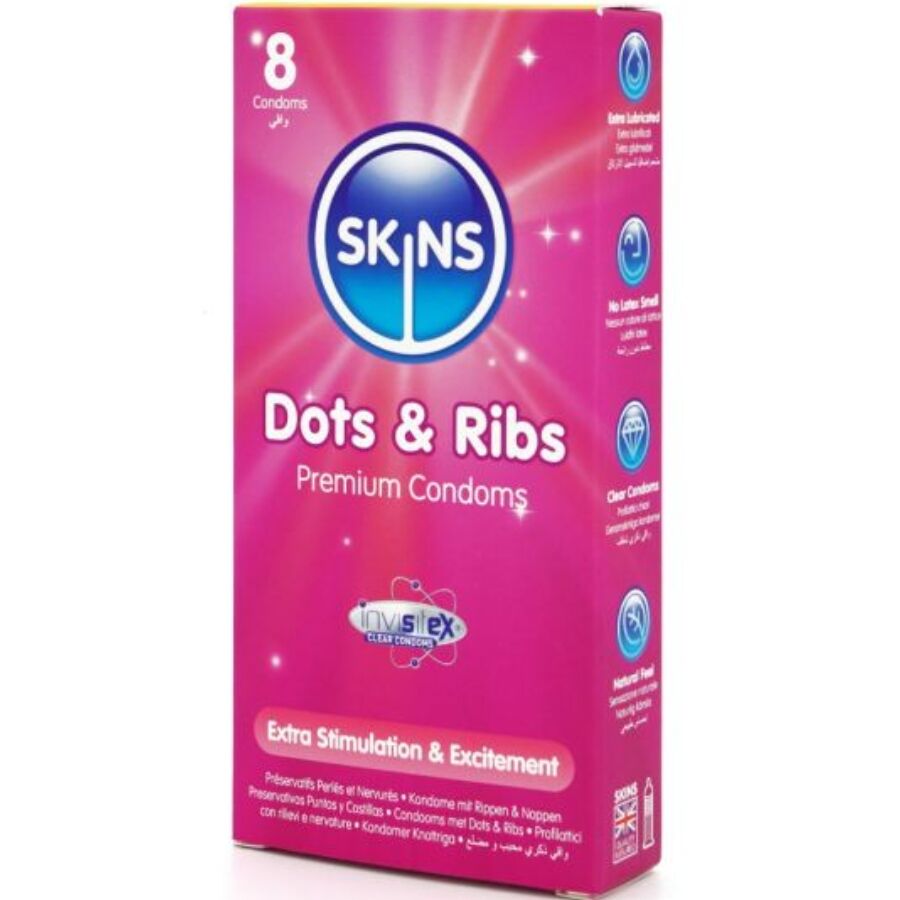 Confezione da 8 preservativi SKINS Dots & Ribs Premium, dettagli visivi del packaging e design del prodotto.