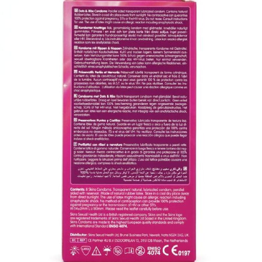 Preservativi SKINS Dots & Ribs Premium, confezione da 8, con superficie texturizzata per maggiore sensibilità e piacere.