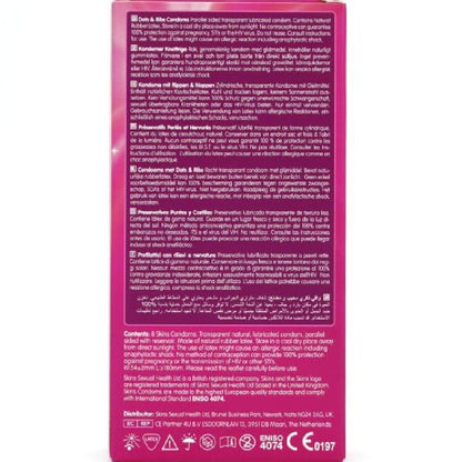 Preservativi SKINS Dots & Ribs Premium, confezione da 8, con superficie texturizzata per maggiore sensibilità e piacere.