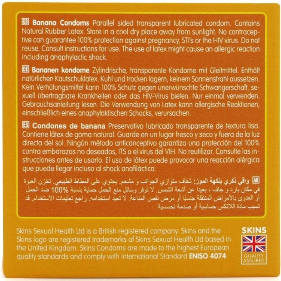 Preservativi SKINS Banana Premium in confezione da 4, confezione con quattro preservativi con stampa a tema banana.