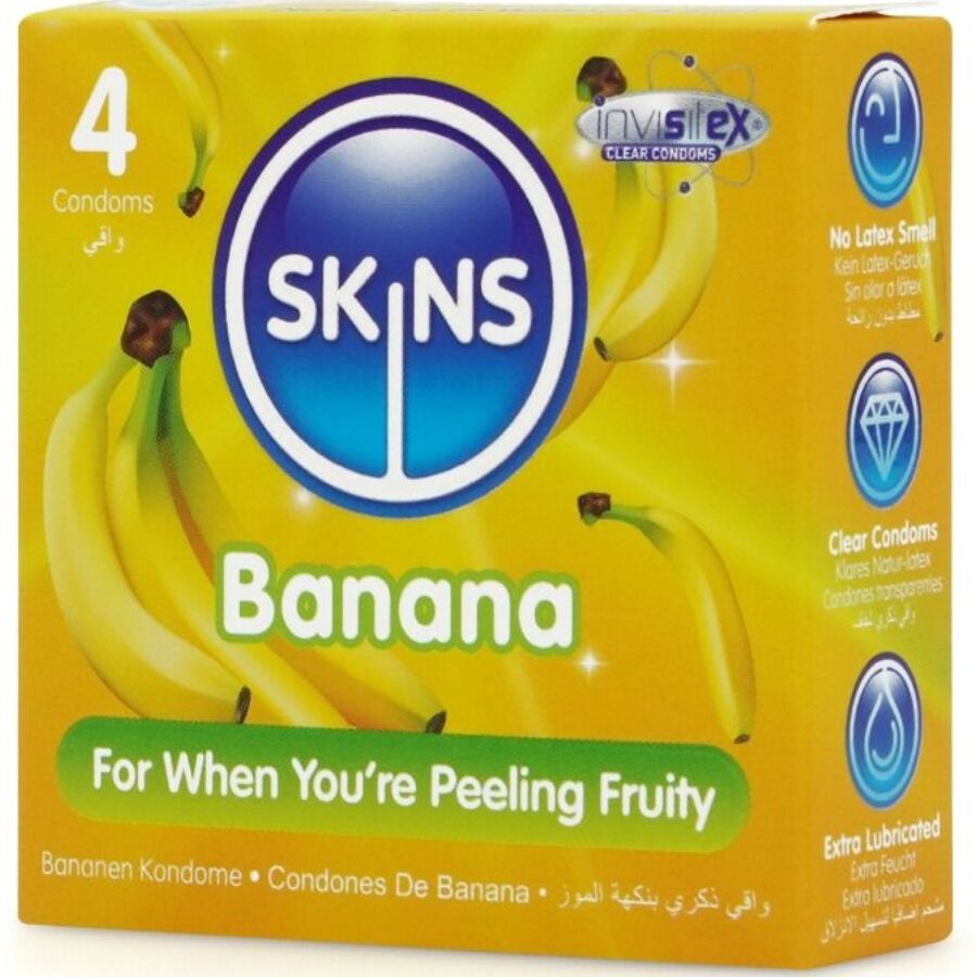 Preservativi SKINS alla banana, confezione da 4, con rivestimento premium, per una protezione sicura e piacevole.