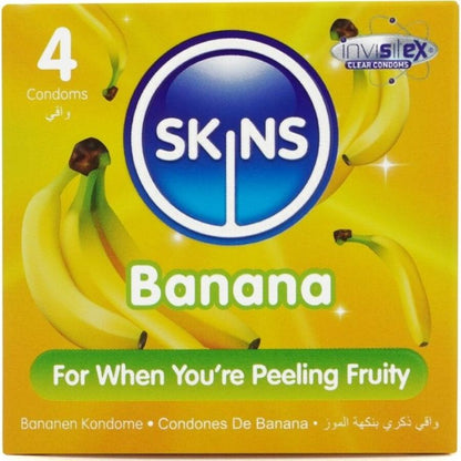 Preservativi SKINS Banana Premium in confezione da 4, confezione colorata con dettagli di banana, per protezione e piacere.