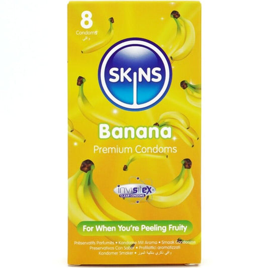 Preservativi SKINS alla banana, confezione da 8, con scatola blu e dettagli grafici, ideale per protezione e piacere.