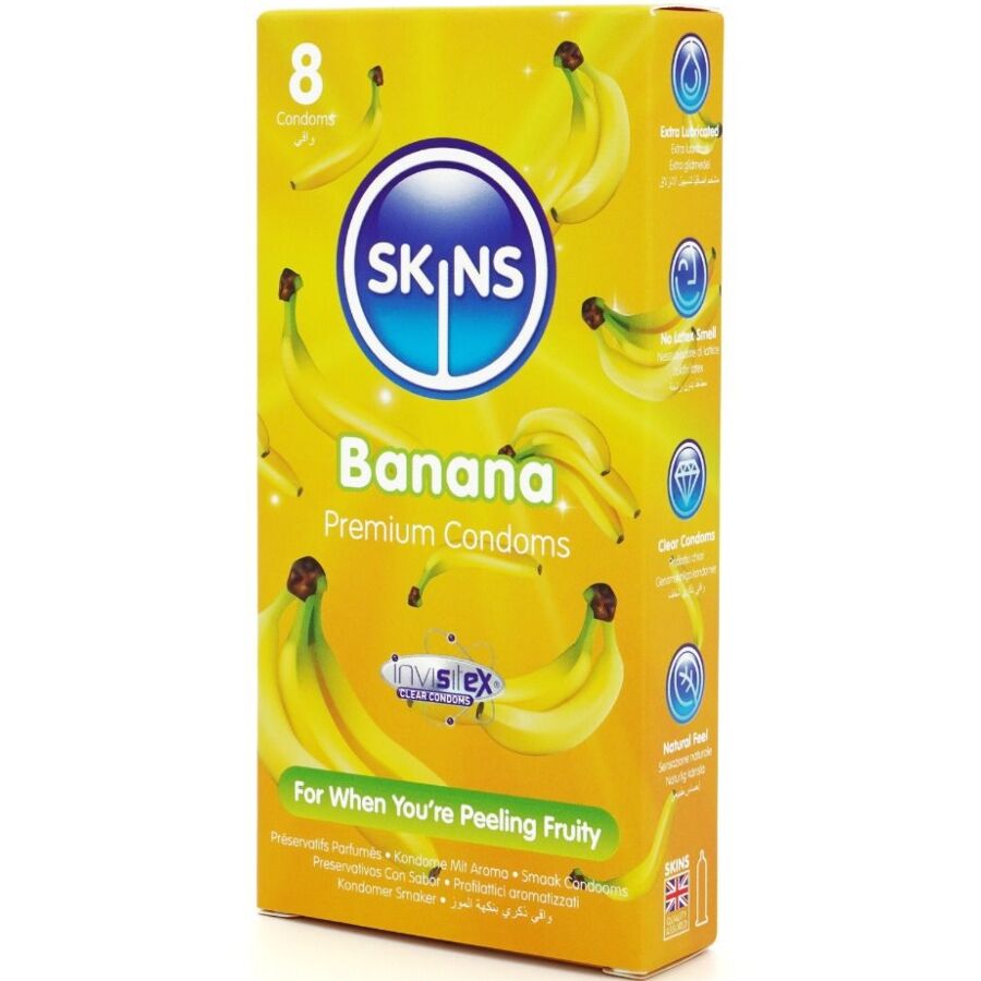 Preservativi SKINS Banana Premium in confezione da 8, confezione elegante e sicura, con confezione colorata e dettagli sul prodotto