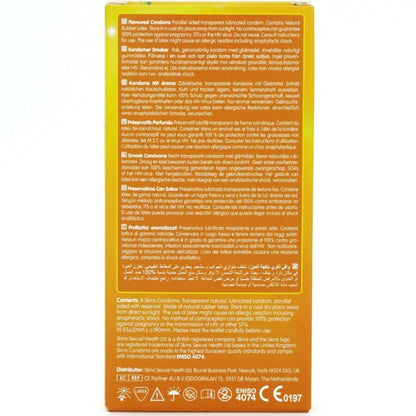 Preservativi SKINS al gusto banana, confezione da 8, rivestimento premium, ideale per protezione e piacere.