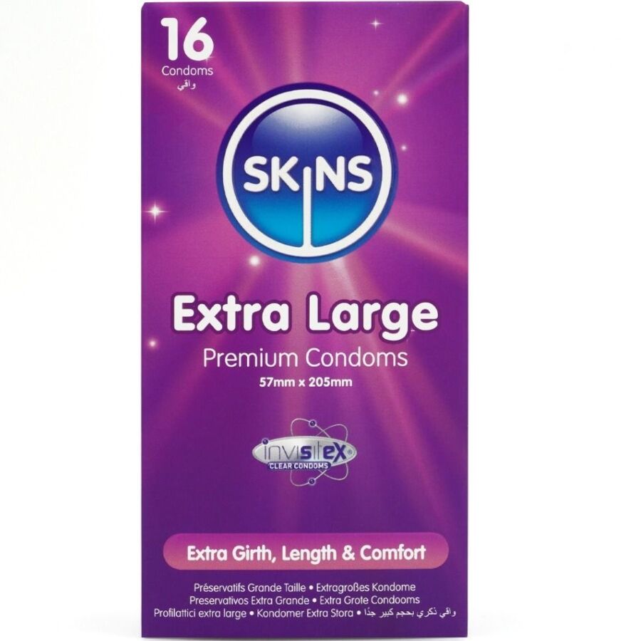 Preservativi extra large SKINS, confezione da 16, preservativi di alta qualità in confezione premium, visibili in immagine