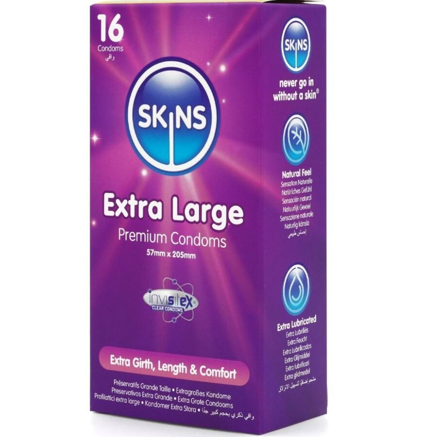 Preservativi extra large SKINS in confezione da 16, preservativi premium per maggiore comfort e sicurezza.