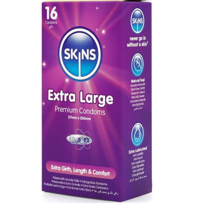 Preservativi extra large SKINS in confezione da 16, preservativi premium per maggiore comfort e sicurezza.
