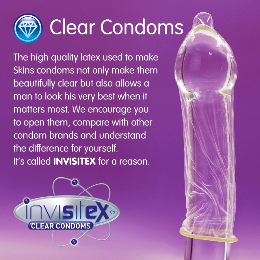 Preservativi extra large SKINS in confezione da 16, confezione premium, dettagli visibili sulla confezione.