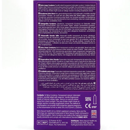 Preservativi extra large SKINS in confezione da 16, confezione premium, con dettagli visibili sulla confezione e marca.