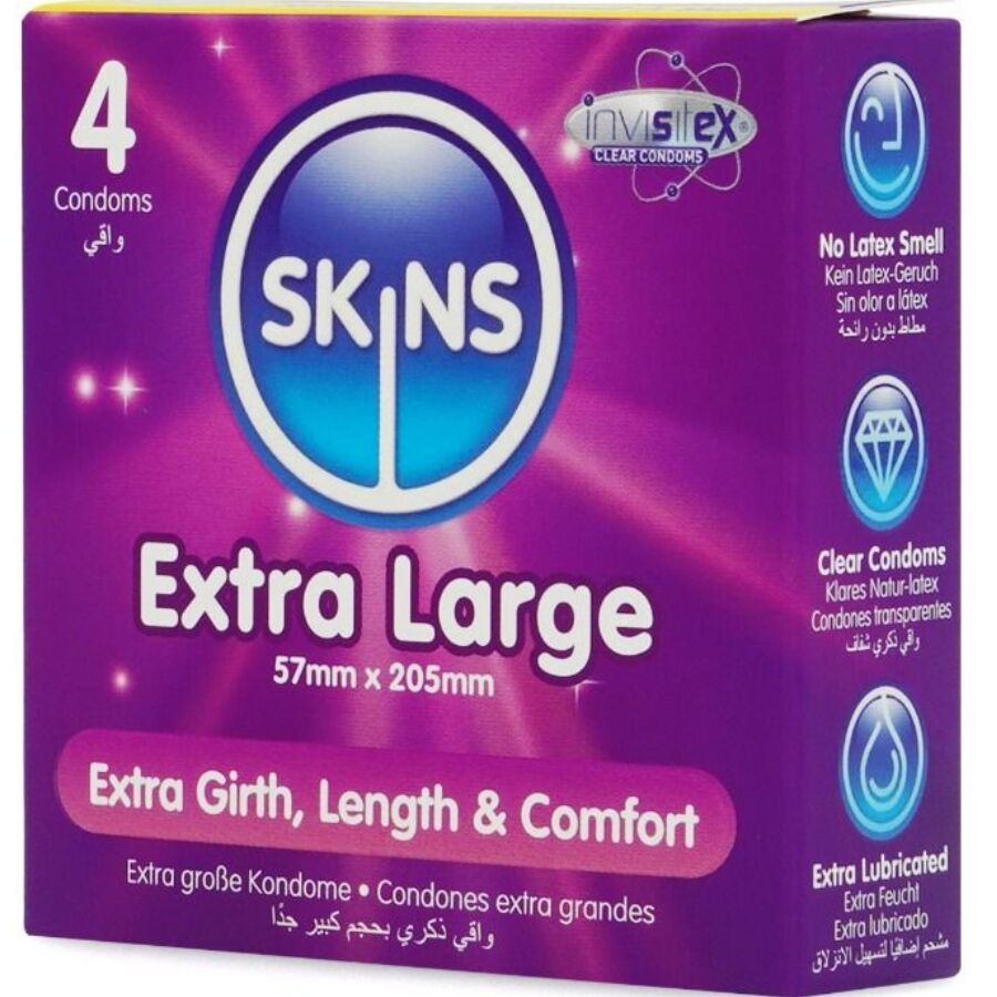 Preservativi extra large SKINS in confezione da 4, confezione premium con preservativi di alta qualità.