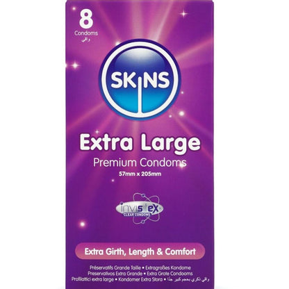 Preservativi extra large SKINS in confezione da 8, confezione premium, con logo e design distintivo, visibili sulla confezione.