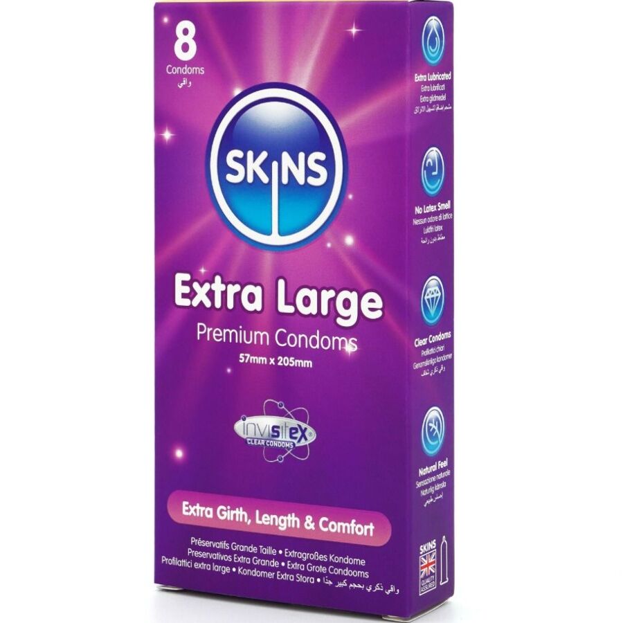 Pacchetto da 8 preservativi extra large SKINS Premium, confezione con otto preservativi di alta qualità.