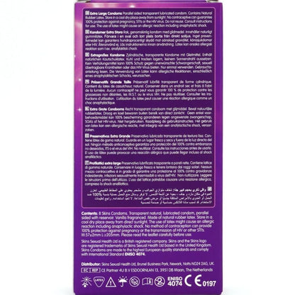 Preservativi extra large SKINS, confezione da 8, con confezione premium, visibili in primo piano.