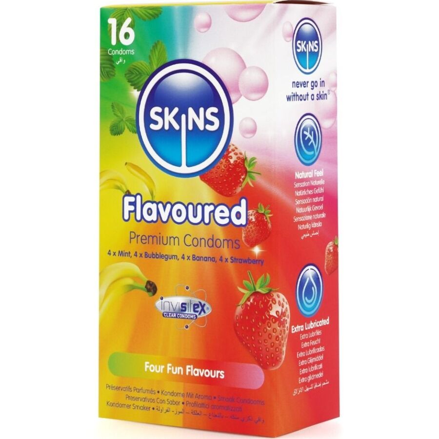Preservativi multigusto SKINS Premium in confezione da 16, con confezione colorata e dettagli dei gusti.