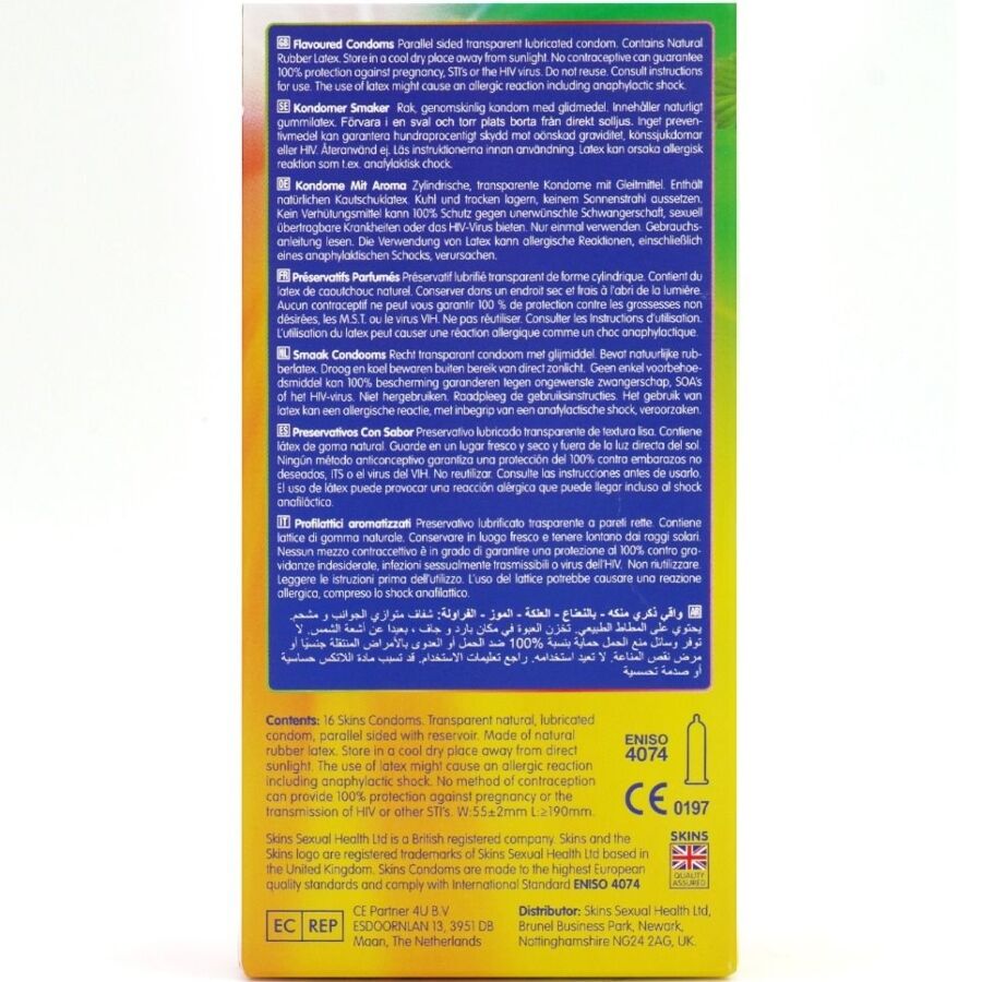 Preservativi multigusto SKINS Premium in confezione da 16, confezione con vari gusti, imballaggio colorato e attraente.
