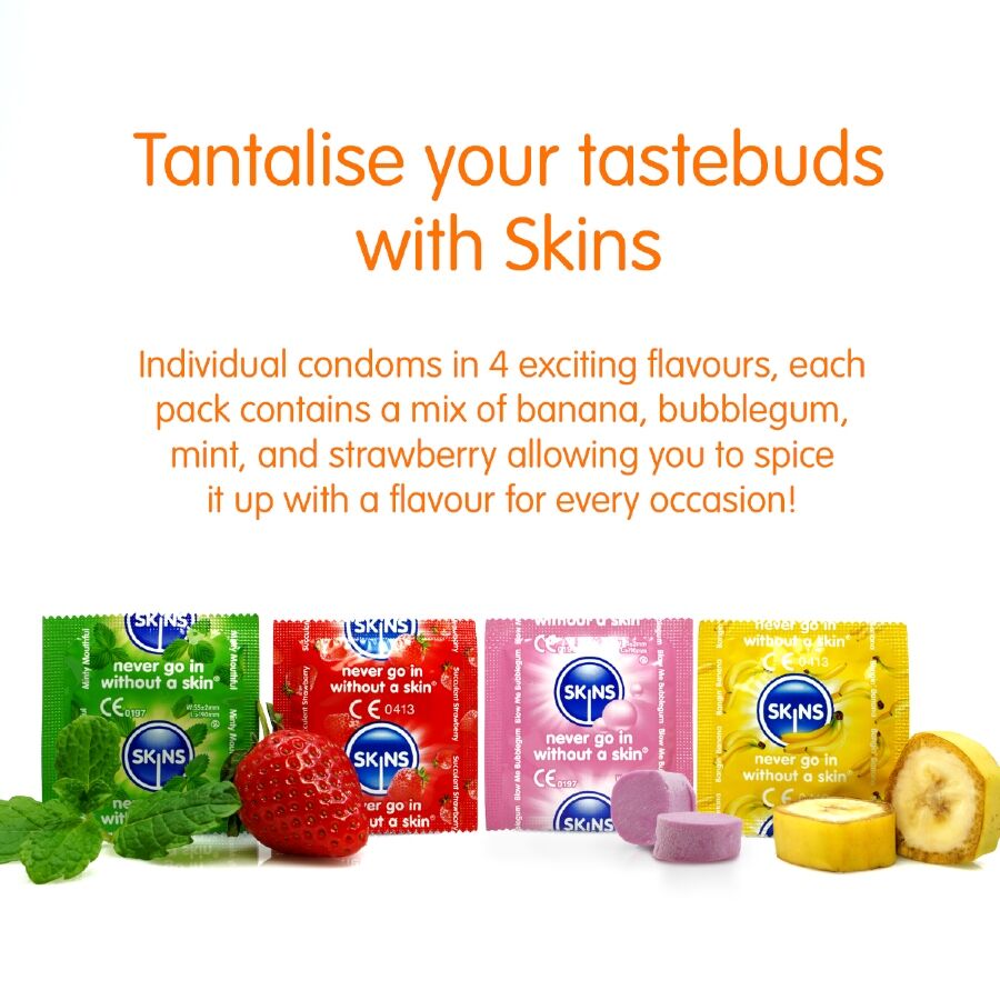 Preservativi multi-gusto premium SKINS in confezione da 16, scatola con diversi sapori, immagini di preservativi colorati e assortiti.