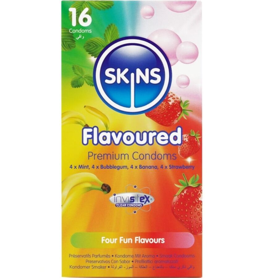 Preservativi multigusto SKINS Premium in confezione da 16, confezione elegante con preservativi colorati e aromatizzati.