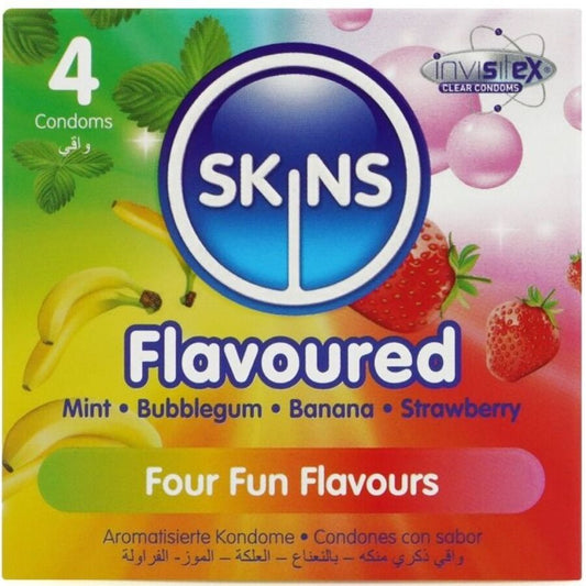 Preservativi multigusto premium SKINS in confezione da 4, con design colorato e dettagli visivi sugli involucri.