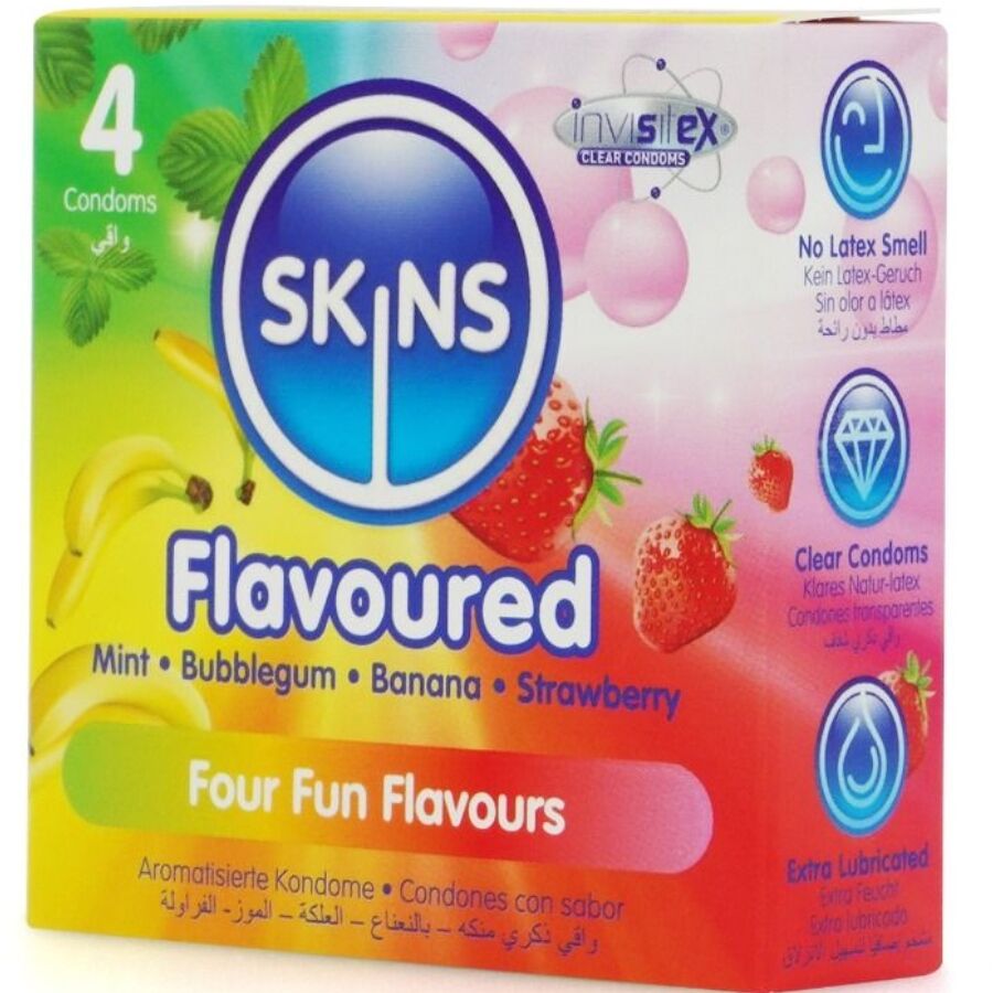 Preservativi multigusto SKINS premium in confezione da 4, con pellicola colorata e design elegante.