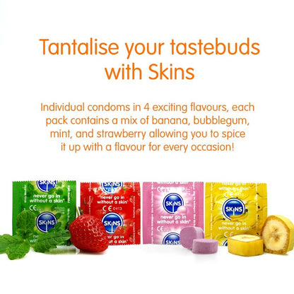Preservativi multigusto SKINS Premium in confezione da 4, confezione colorata con preservativi vari gusti.