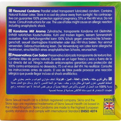 Preservativi multigusto SKINS Premium in confezione da 4, assortimento di sapori e texture, confezione sigillata.