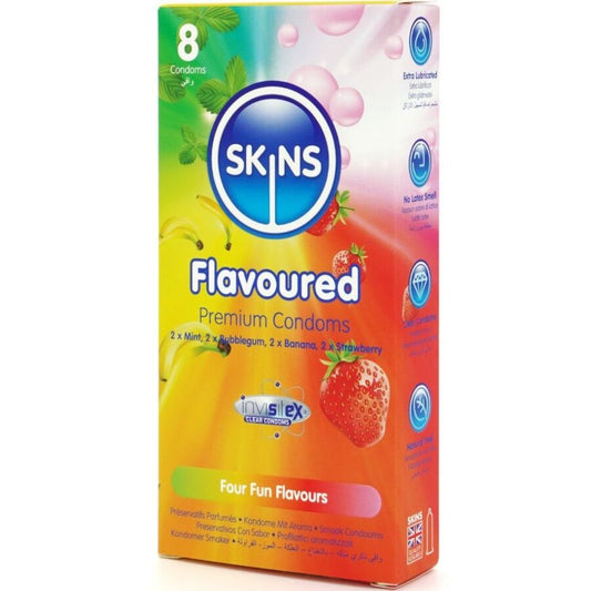 Preservativi multigusto premium SKINS in confezione da 8, con design elegante e varietà di gusti, visibili nella confezione.