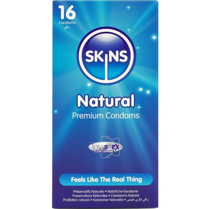 Preservativi naturali SKINS premium in confezione da 16, dettaglio della scatola con preservativi naturali e design elegante