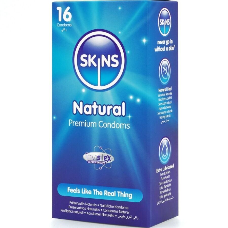 Preservativi naturali premium SKINS in confezione da 16, prodotti di alta qualità per il benessere e la sicurezza.