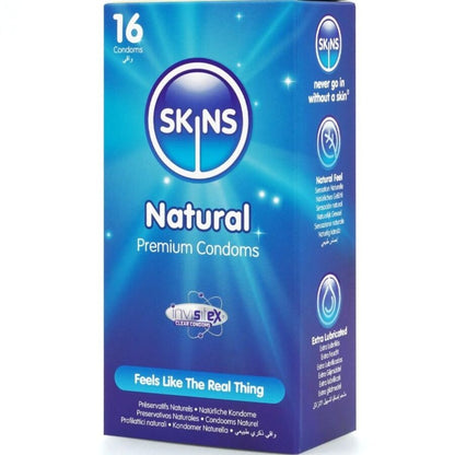 Preservativi naturali premium SKINS in confezione da 16, prodotti di alta qualità per il benessere e la sicurezza.