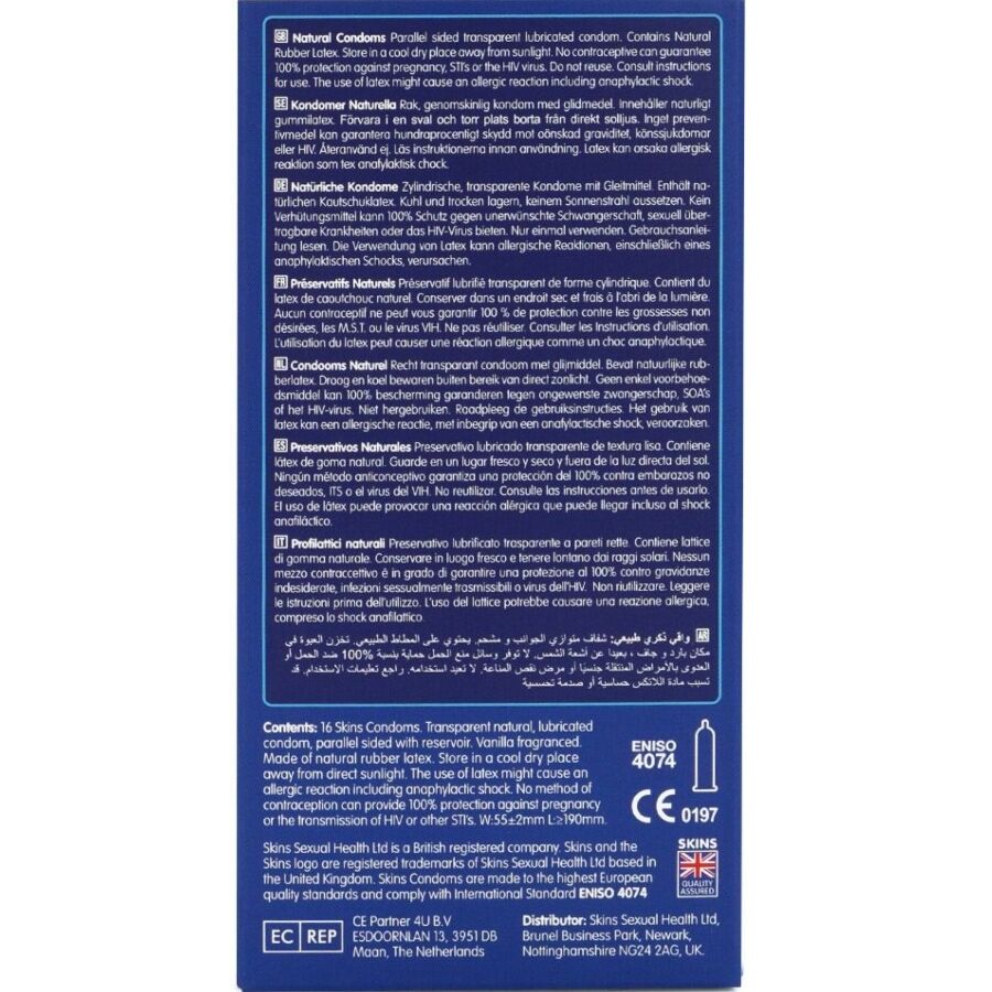 Preservativi naturali premium SKINS in confezione da 16, dettagli sulla confezione e design naturale del packaging.