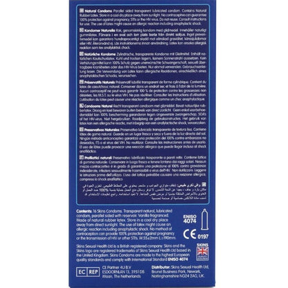 Preservativi naturali premium SKINS in confezione da 16, dettagli sulla confezione e design naturale del packaging.
