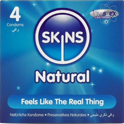 Preservativi naturali premium SKINS in confezione da 4, dettaglio della scatola con preservativi naturali e logo SKINS.