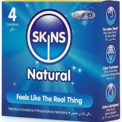 Preservativi naturali premium SKINS, confezione da 4, dettagli eleganti e naturali, in confezione compatta e moderna.