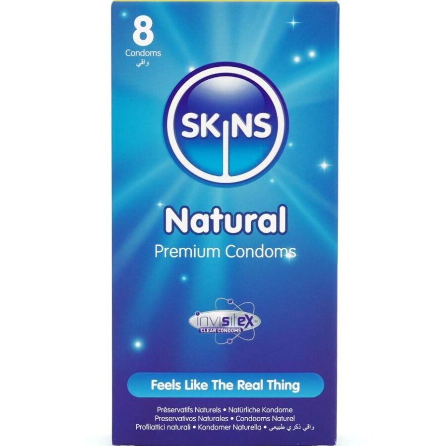 Preservativi naturali premium SKINS in confezione da 8, morbidi e sicuri, con rivestimento naturale per maggiore comfort.