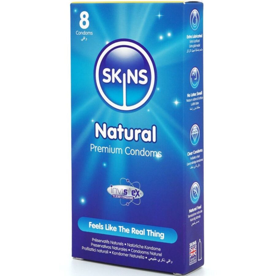 Preservativi naturali premium SKINS, confezione da 8, con dettagli visibili sulla scatola e design elegante.