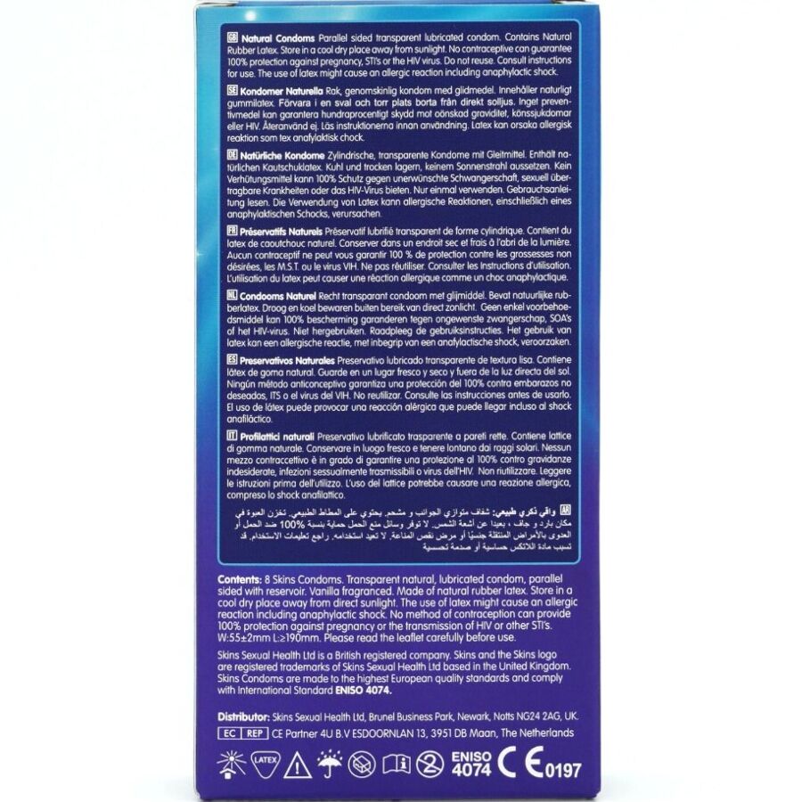 Preservativi naturali premium SKINS, confezione da 8, con dettagli visibili sulla confezione e il design del packaging