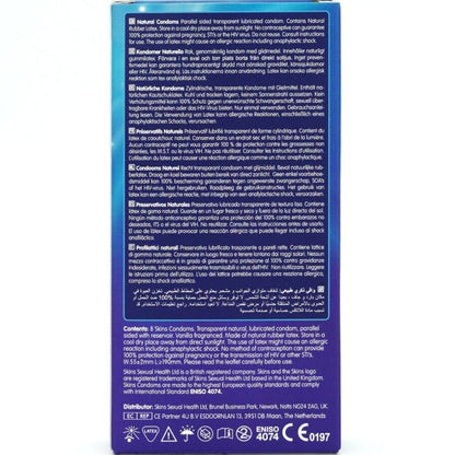 Preservativi naturali premium SKINS, confezione da 8, con dettagli visibili sulla confezione e il design del packaging