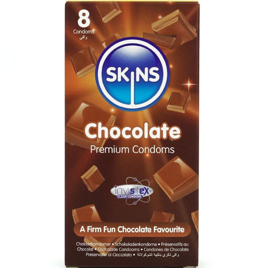 Preservativi SKINS al cioccolato, confezione da 8, con confezione elegante e dettagli del prodotto su sfondo neutro