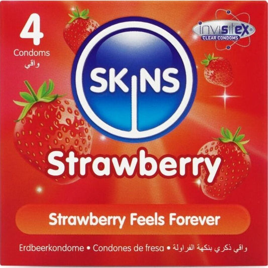 Preservativi SKINS premium alla fragola in confezione da 4, con confezione colorata e dettagli sulla qualità del prodotto.