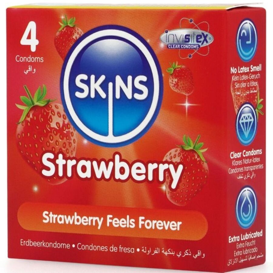 Preservativi SKINS alla fragola, confezione da 4, con confezione colorata e dettagli sul prodotto.