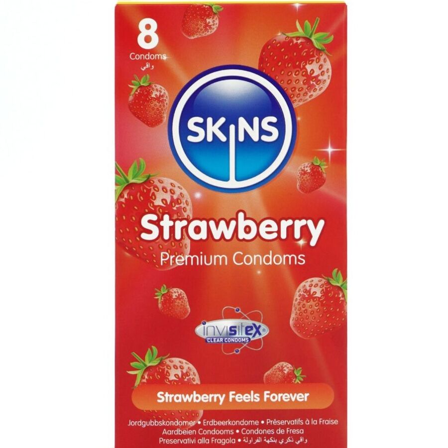 Preservativi SKINS alla fragola, confezione da 8, con preservativi premium per maggiore protezione e piacere.