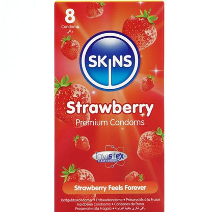 Preservativi SKINS alla fragola, confezione da 8, con preservativi premium per maggiore protezione e piacere.
