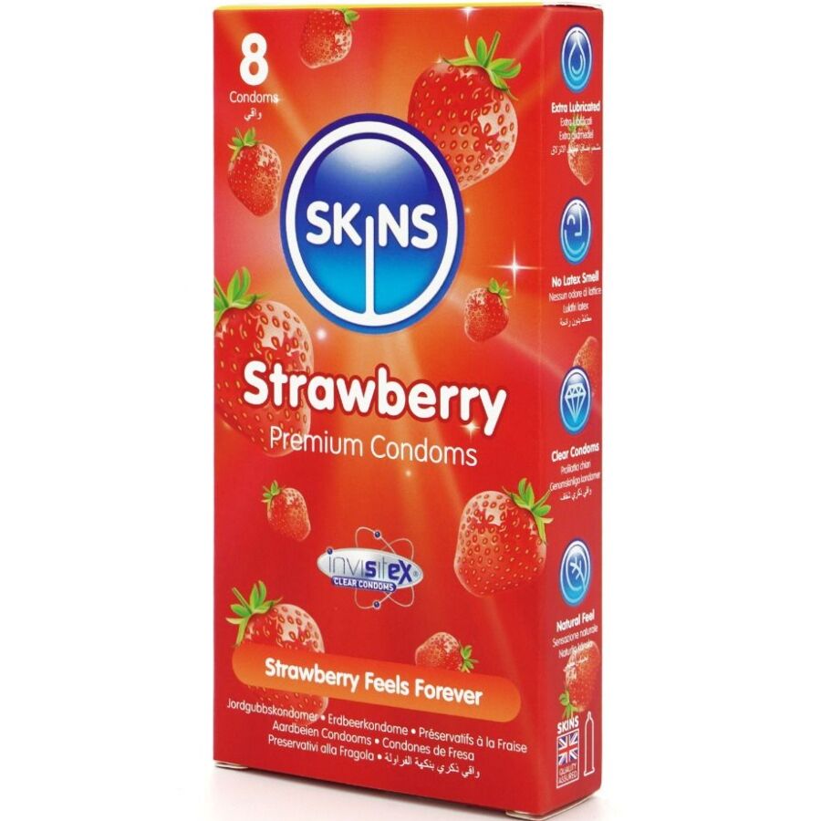 Preservativi SKINS alla fragola, confezione da 8, con rivestimento premium, immagine del prodotto con confezione.