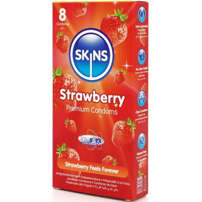 Preservativi SKINS alla fragola, confezione da 8, con rivestimento premium, immagine del prodotto con confezione.