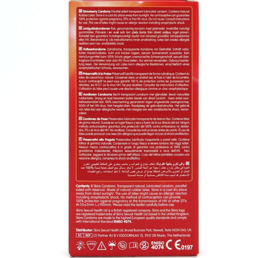 Preservativi SKINS Premium alla fragola in confezione da 8, morbidi e sicuri, con gusto alla fragola, per un'esperienza piacevole.